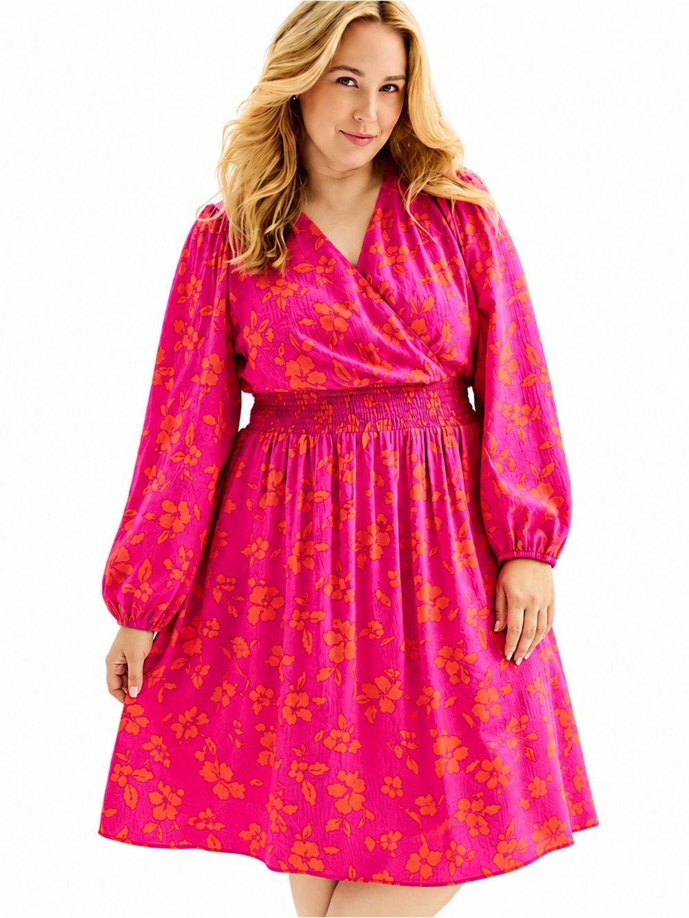 Draper James Pink Orange Floral Smocked Midi Dress 1X Long Sleeve Boho - Picture 1 of 6